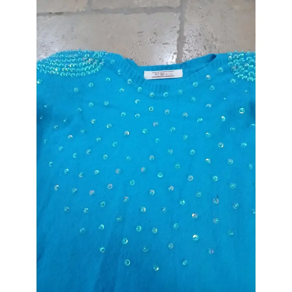 1980s Beaded Sequin CASHMERE Sweater Sz Small‎ Aqua Green Round Neck Barbiecore